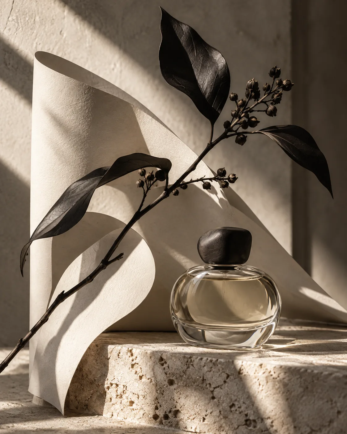 Botanical still life with sculptural paper, stone and glass