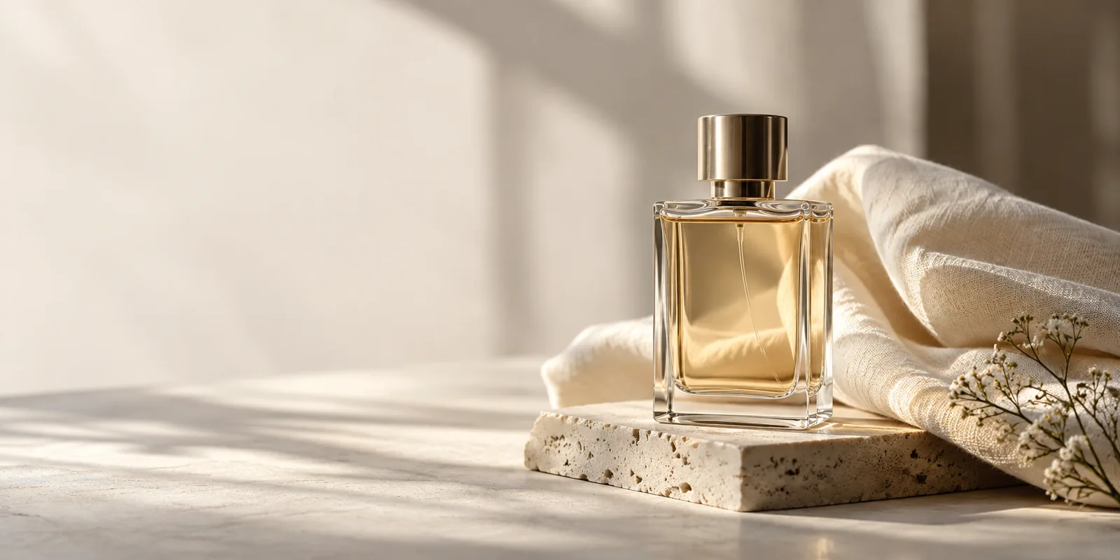 Perfume bottle and ivory linen in warm morning light