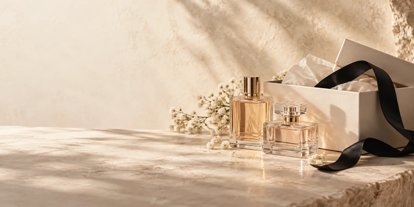 Unbranded perfume bottles beside an ivory gift box with black ribbon