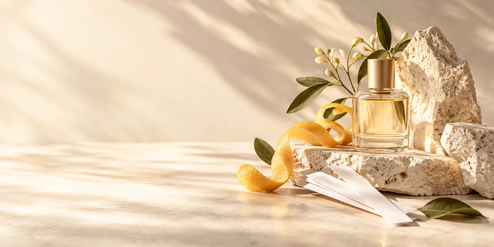 Perfume bottle with scent strips, citrus peel and botanical leaves